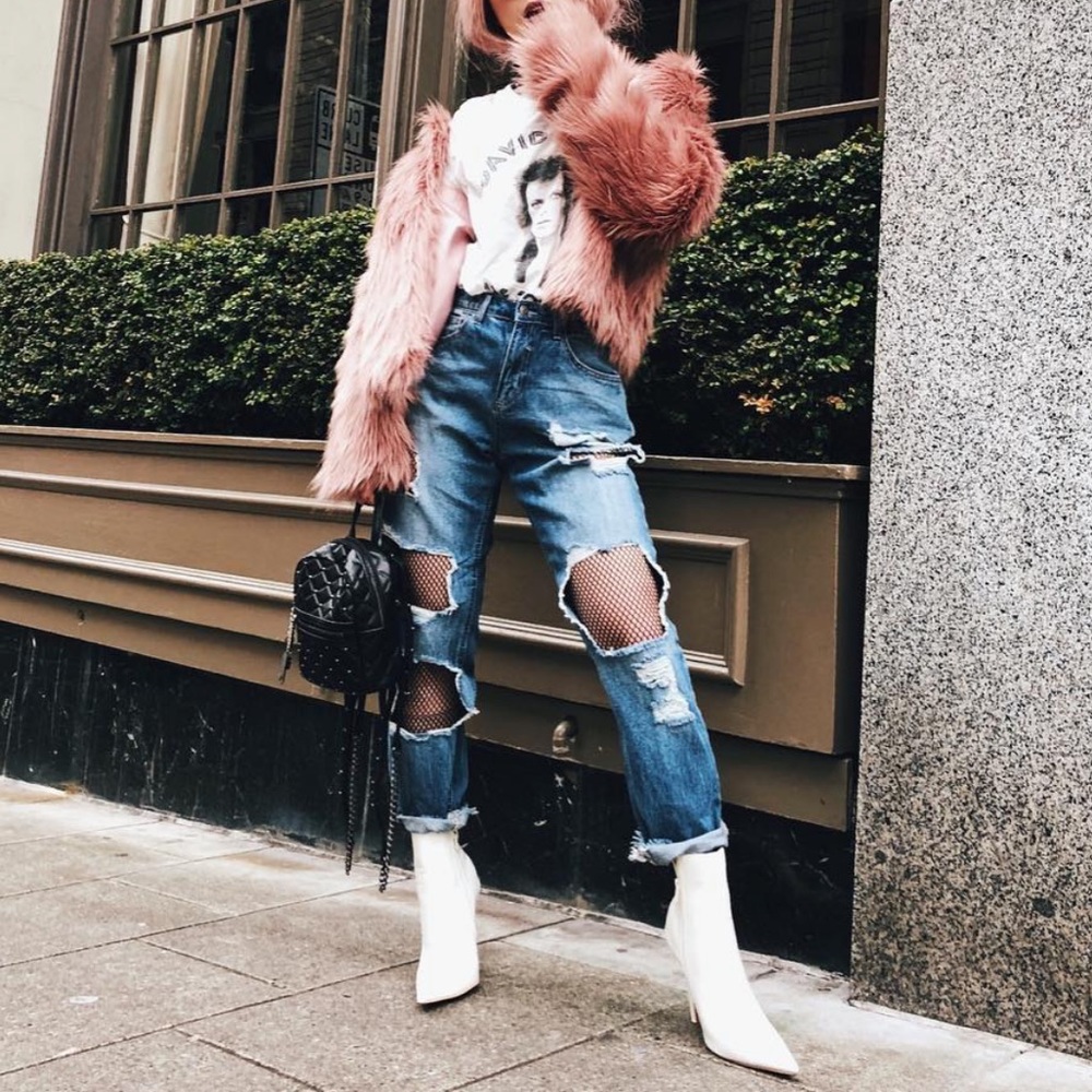 High Rise Distressed Jeans with Fishnet Tights